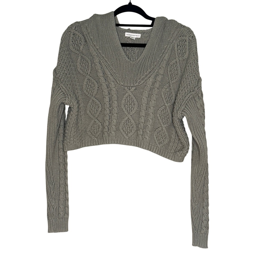 Y2K Aeropostale Womens Large Chunky Cable Knit Grey Cropped‎ Sweater Boho